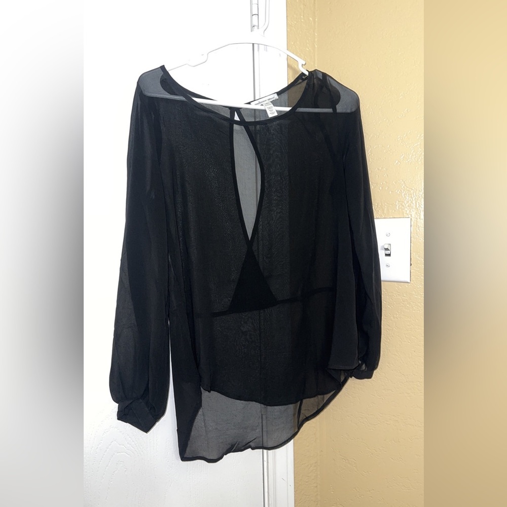 Long Sleeve Black See Through Blouse